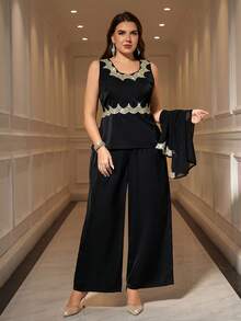 SHEIN Clasi Bộ đồ phối hợp áo không tay và áo khoác cardigan cỡ lớn cho nữ kèm quần ống rộng - màu đen - Xem 4