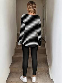 SHEIN LUNE 2pcs/Set Women Casual Long Sleeve T-Shirt And Leggings Set, Striped Print, Suitable For Autumn/Winter - Multicolor - View 2