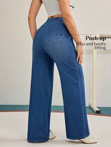 Flexra Damskie jeansy z wysokim stanem i kieszeniami, z szerokimi nogawkami, luźne, uniwersalne - Niebieski - Zobacz 2