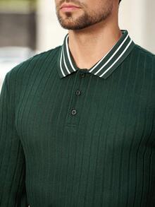 Manfinity Bizformal 男士秋季长袖Polo衫，男士绿色Polo衫，男士罗纹Polo衫，男士纽扣Polo衫，男士商务Polo衫，适合日常外出、朋友聚会、通勤，送给男友或丈夫的绝佳礼物 - 綠色 - 查看 6