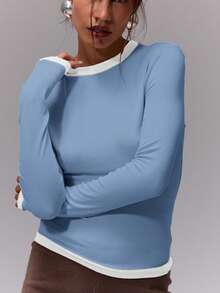 MUSERA Contrast Trim Fitted Long Sleeve Top Casual Vacation Airport Holiday Cute Back To School Winter Spring Summer - Baby Blue - View 6