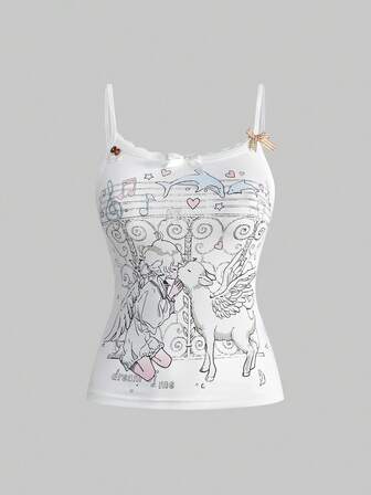 Kawaii Women's Cute Music Note & Wing Girl Sheep Lace Camisole