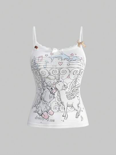 Kawaii Camiseta de mujer con notas musicales y diseño de oveja con alas y encaje