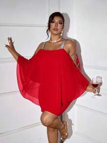 Femmeverse Plus Size Women's Red Romantic Valentine's Day Silver Camisole Patchwork Chiffon Sheer Bodycon Party Dress - Red - View 4