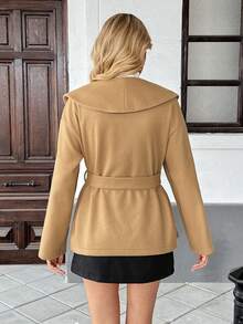 SHEIN PariChic Women's Autumn/Winter New Vintage French Style Camel Lapel Cinched Waist Waist Elegant Wool Blend Coat - Khaki - View 2
