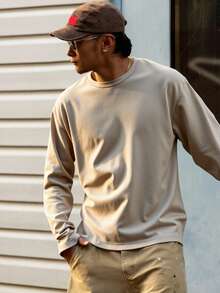 DAZY 男士米色圆领长袖休闲宽松T恤，秋季款 - 米色 - 查看 6
