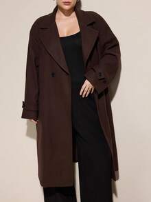 Aveloria Modichic Plus Size Women Solid Color Pocket Decor Soft Woolen Coat - Coffee Brown - View 5