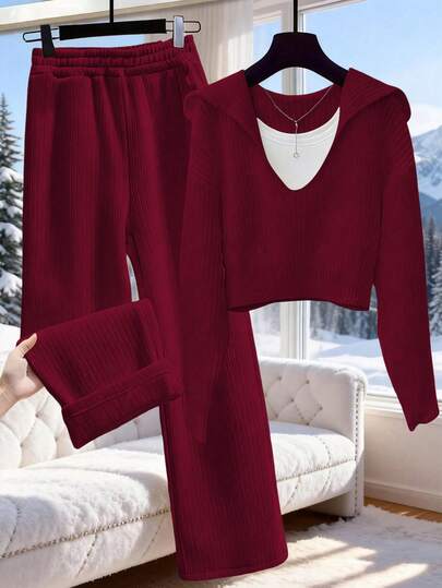 GlowEve 女士针织长袖上衣和灯芯绒衬里阔腿直筒裤两件套，休闲日常通勤时尚法式街头复古商务度假杏色秋冬家居服
