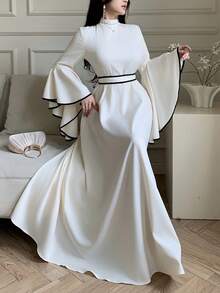 Celisse Váy xòe tay loe viền tương phản dự tiệc thanh lịch dành cho nữ - Màu be - Xem 5