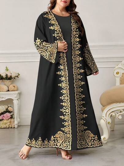 SHEIN Najma Áo choàng Abaya Ả Rập dài tay họa tiết hoa Paisley và hạt điều cổ điển dành cho nữ cỡ lớn, mùa xuân/thu