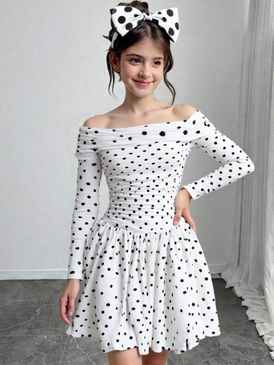 SHEIN 少女休闲简约舒适露肩波点通勤连衣裙 - 黑與白 - 查看 1
