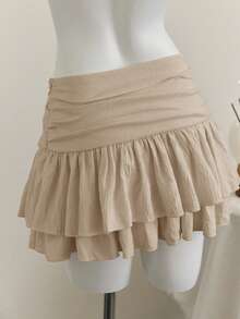 Elamini 米色褶皱高腰低腰双层雪纺半身裙，度假风迷你裙 - 卡其色 - 查看 2