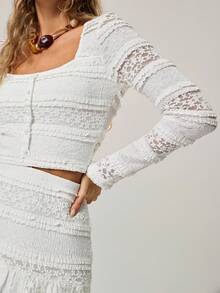 Freevana Women's White Lace 2-Piece Set,Elegant Square Neck Long Sleeve Blouse&Long Skirt,Autumn Holiday Tea Party Vacation Outfit, Beach Resort Wear - White - View 5