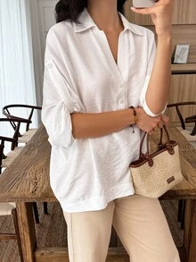Breezaya Áo sơ mi nữ dáng rộng màu trơn cài nút cổ tay nửa vạt đơn giản - trắng - Xem 4