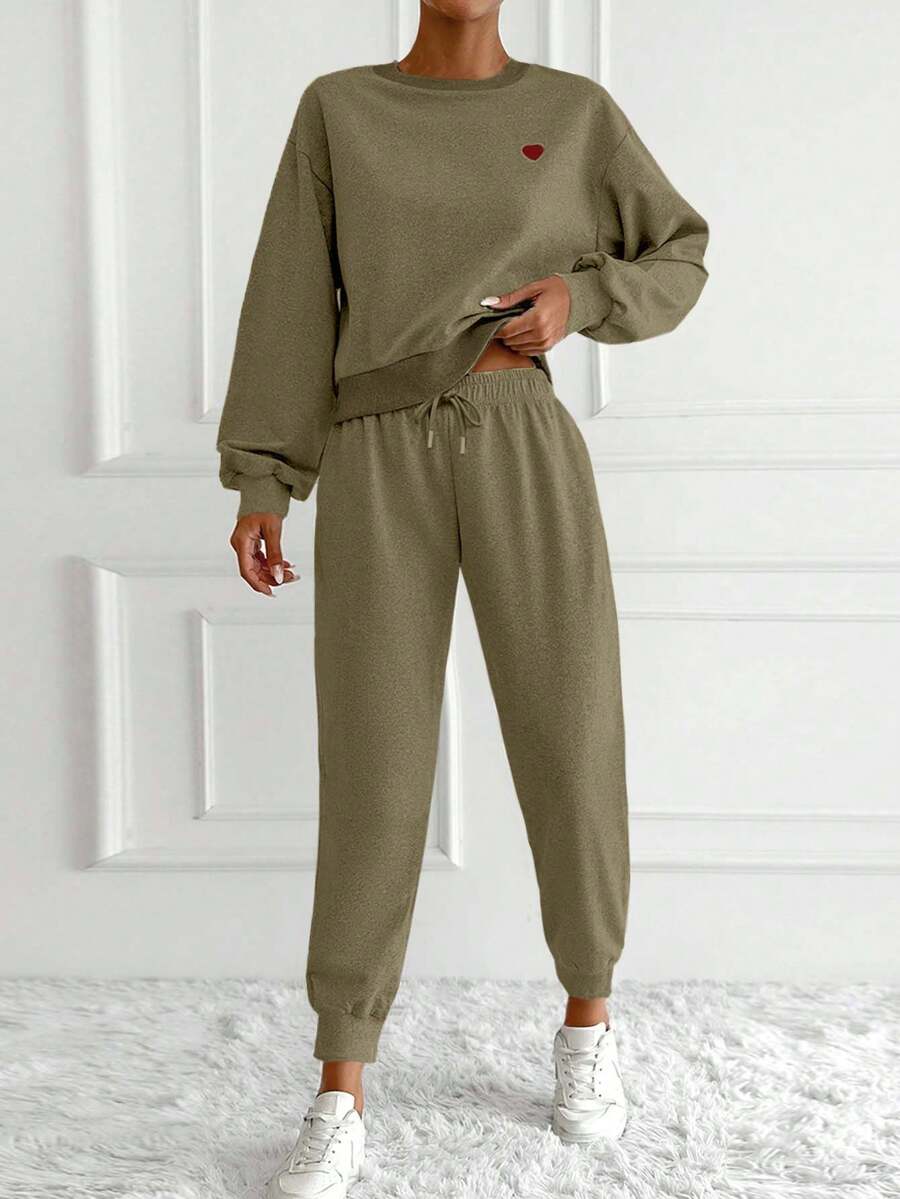 EURMUSE 2pcs Women Casual Long Sleeve Top And Pants Set - Olive Green - View 1