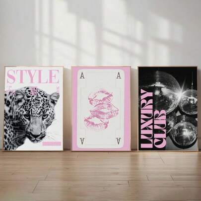 1/3pcs Leopard Cheetah Wall Art Picture 8 Ball Lucky Prints Canvas Paintings Pink Girly Posters Preppy Chic Luxury Decor For Bedroom, Living Room, Or Dorm Room Decor Gift For Her Unframed