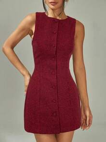 SHEIN PETITE Váy ngắn ôm sát cổ tròn kẻ caro đơn hàng khuy cho nữ - Màu Đỏ Sâu - Xem 4