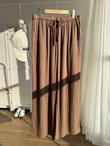 Comfortcana 大码女式纯色褶皱纹理宽松抽绳腰带系带阔腿休闲宽松阔腿裤，夏季，夏裤 - 棕色 - 查看 4