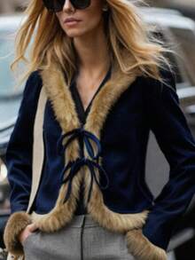 INAWLY Women's Suede Fur Collar Fitted Jacket, Autumn/Winter - Navy Blue - View 4
