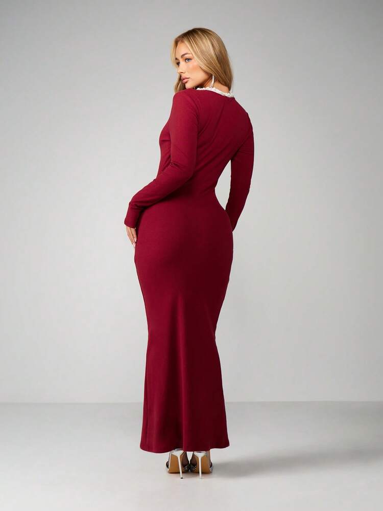 MISSGUIDED Burgundy Long Sleeve Plunge Neckline Maxi Dress With Pearl Lace Trim Bodycon Elegant Evening Formal Occasion Ribbed Knit Winter Fall