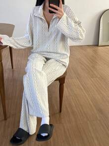 DAZY Women's Knitted Jacquard Fuzzy Twist Pattern Loose Fit Loungewear Set, Autumn/Winter