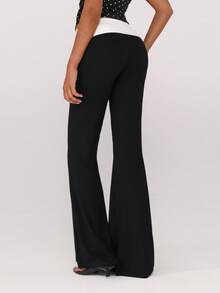 Sweetina 休闲学院风折叠腰带印花喇叭裤 - 黑色 - 查看 2