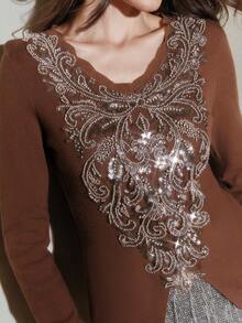 Anewsta New Autumn/Winter Women's Thanksgiving & Christmas Elegant V-Neck T-Shirt, Comfortable & Slimming Sweater With Stylish Collar Design - Coffee Brown - View 2