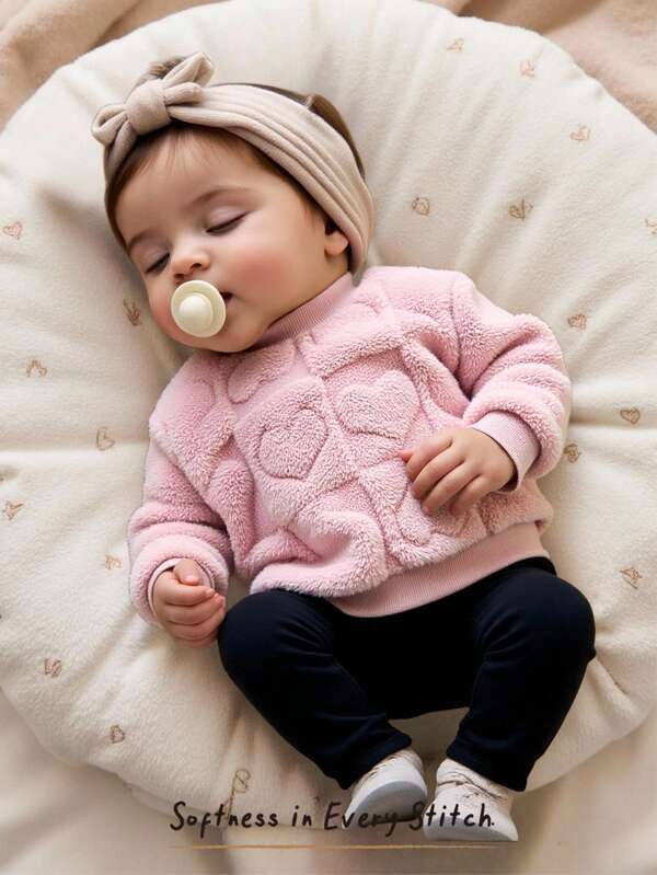 Cozy Pixies Set de 2 piezas de sudadera de cuello redondo de manga larga y leggings de cintura elástica con estampado de corazón para bebé niña, adecuado para el invierno