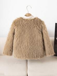 Elladie kids Young Girl Casual Fluffy Faux Fur Loose Coat, Chic & Elegant Urban For Winter - Apricot - View 2