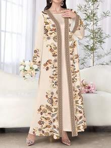 SHEIN Najma Women's Retro Floral Print Long Sleeve Casual Arabic Abaya, Spring/Autumn - Multicolor - View 3