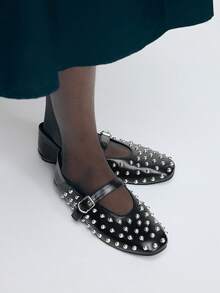 Mnmlis Nya snygga Mary Jane-balettskor, trendig nitspännedesign, bekväma och mångsidiga damskor - Svart - Visa 9