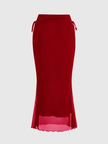 ROMWE Fairycore Spring/Summer Valentine's Day Elegant Commuter Solid Color Mermaid Skirt - Red - View 3
