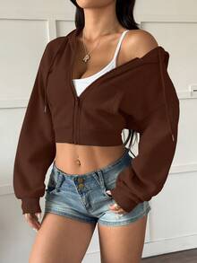 INAWLY Y2K Street Sexy Long Sleeve Solid Color Coffee Casual Crop Sweatshirt Zip-Up Sweatshirt With Pocket - Coffee Brown - View 5