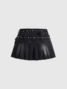 ROMWE Grunge Punk Plus Size Kpop Punk Rock Sexy Cute Versatile Washed Pleated Denim Mini Skirt For Women - Black - View 2
