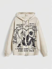 ROMWE Grunge Punk Cyber Y2K Punk Babe Cyberpunk Symbol Anime Girl Print Loose Cardigan For Women - White - View 1