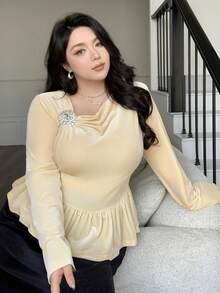 Dazy Plus Valentine Velvet Oblique Collar Rhinestone Decor Fitted Elegant Pullover Long Sleeve Blouse - Apricot - View 6
