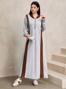 Graceveil Sweatshirt Hoodie Wanita Kasual dengan Blok Warna Kontras, Model Longgar Panjang, Musim Gugur/Dingin - Coffee Brown - View 7