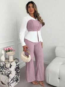 Xyvia 杏色和白色奢华通勤高端成熟智慧女士长袖上衣和阔腿裤两件套，AB面料拼接衬衫领翻领修身腰部上衣，罗纹阔腿裤，适合办公室、校园、商务、旅行、秋冬春季休闲穿着。 - 粉色 - 查看 6