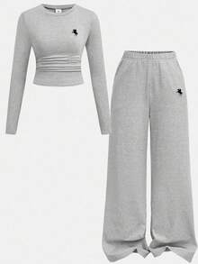 SHEIN Tween Girls Versatile Butterfly Pattern Long Sleeve Top And Pants 2 Pieces Set, Light Grey Vacation Suitable For All Seasons - Spring, Summer, Autumn, Winter