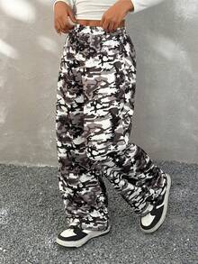 Coolane Kids Pantalones anchos con estampado de camuflaje y cordón en la cintura para niñas preadolescentes, ropa para padres e hijos - Gris - Ver 5