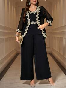 SHEIN Clasi Bộ đồ phối hợp áo không tay và áo khoác cardigan cỡ lớn cho nữ kèm quần ống rộng - màu đen - Xem 6