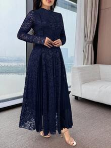 Modelyn 女士花卉蕾丝领长袖褶裥下摆优雅连衣裙 - 藏蓝色 - 查看 7