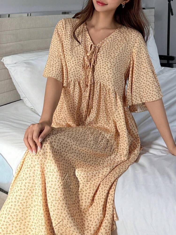 Ditsy Floral Tie-Up Ruffle Sleeve Long Women Nightgown