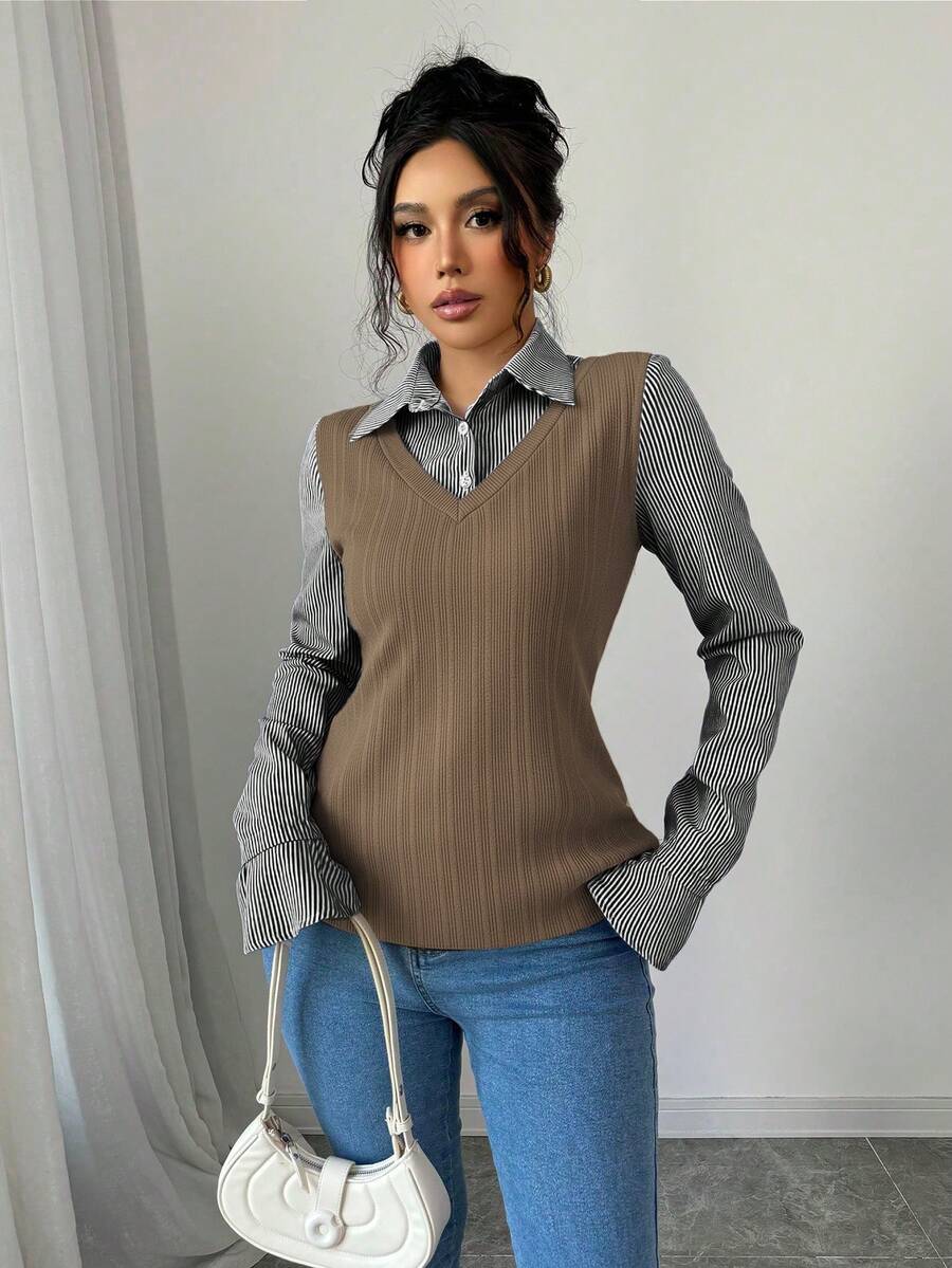 Elenzga Áo thun dài tay kẻ sọc tương phản thường ngày cho nữ, mùa thu - Màu Khaki - Xem 1