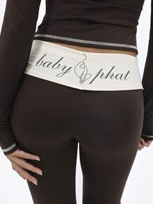 BABYPHAT Contrast Detail Flare Leggings With White Piping Cat Print High Rise Bell Bottom Wide Leg Pants - Coffee Brown - View 6