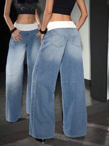 SHEIN PETITE Quần jeans ống rộng cạp thấp màu đơn giản dành cho nữ - Màu xanh lam - Xem 2