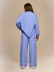 Hanevo 2pcs Women's Blue And White Stripe Loungewear,Collared Button-Up Long Sleeve Top & Waist Tie Pants Set,Elegant Casual Autumn Outfit For Commute - Blue and White - View 2