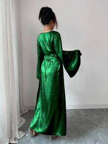 Elenzga Đầm suông xếp ly cổ xẻ tay bèo màu trơn thanh lịch dành cho nữ - Màu xanh lá cây đậm - Xem 2