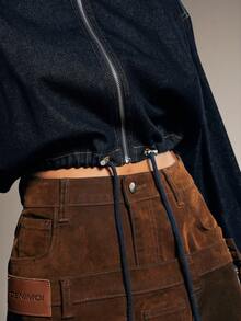 Denimoi 松紧腰带开关高领前拉链短款牛仔夹克