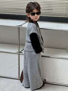 DAZY 男童简约无袖上衣和直筒裤套装，宽松休闲秋季春季穿搭 - 灰色 - 查看 6